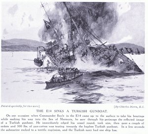 E14 senker en tyrkisk kanonbåt i Marmorahavet 1915